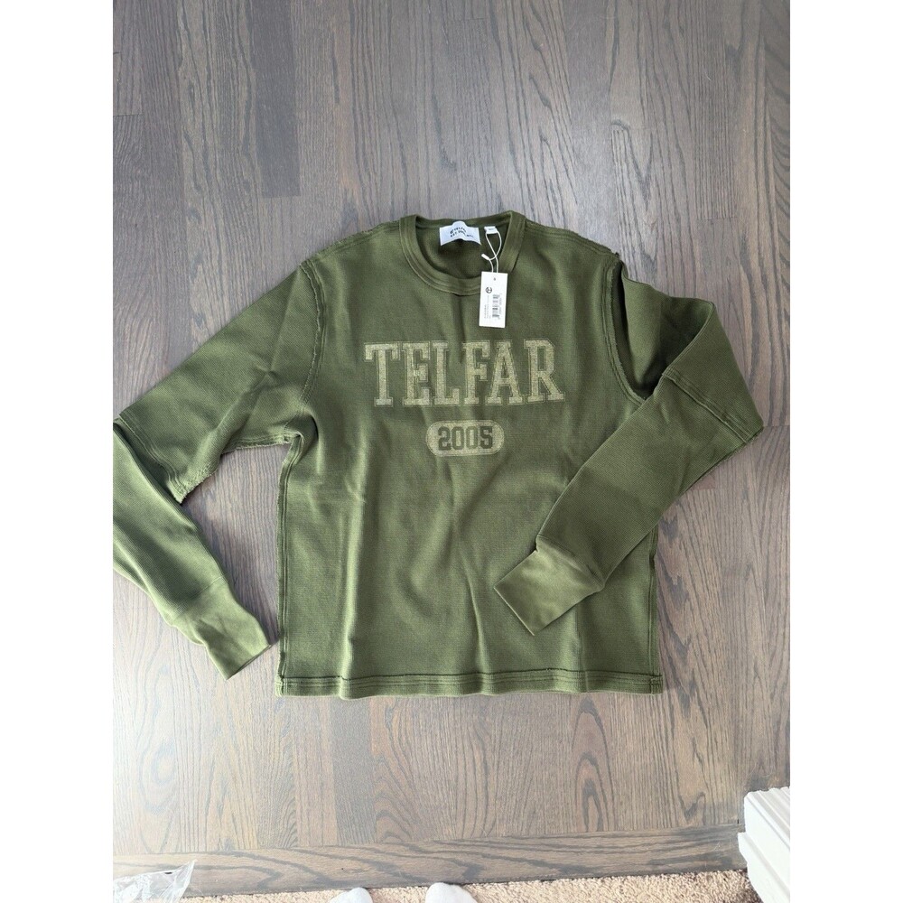 TELFAR 2005 Logo Waffle Thermal Long Sleeve Crewneck Olive Green M/L Unisex NWT